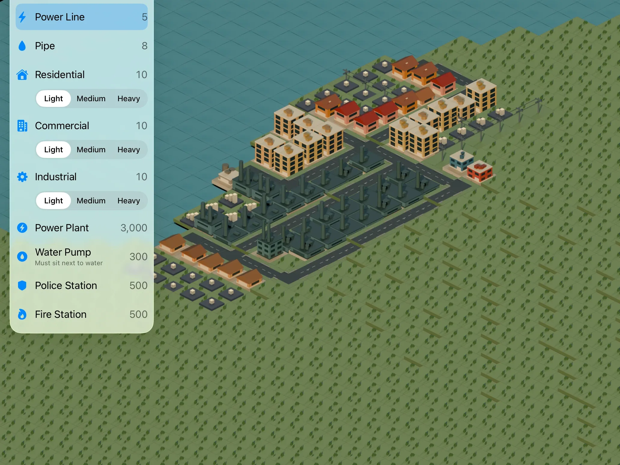 The build menu beside a growing town: roads, power lines, pipes, the three zone types at light, medium and heavy density, a power plant, water pump, police and fire stations.