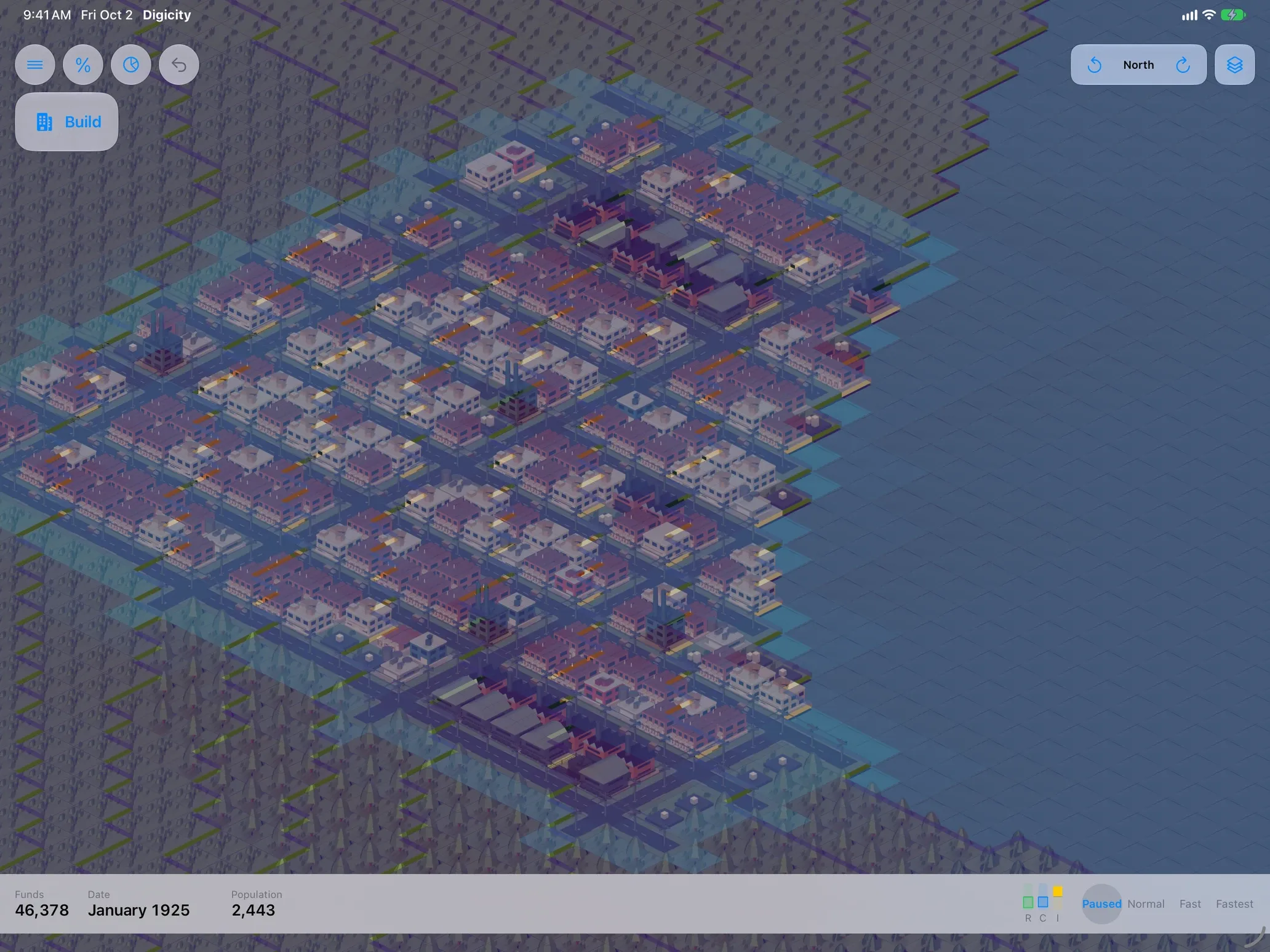 The land-value overlay in a Digicity city in 1925, shown in purple.