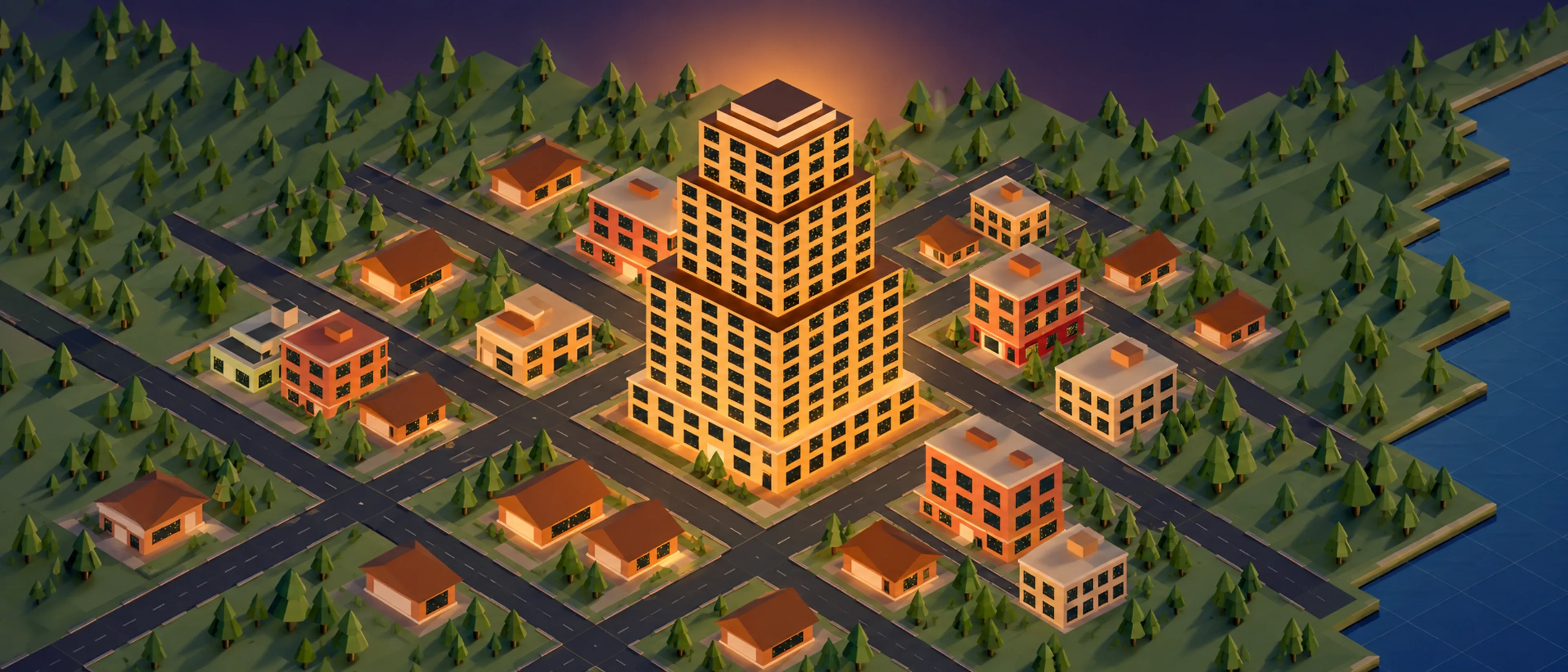 Promotional illustration of a glowing stepped tower in a wooded Digicity neighbourhood beside the water.