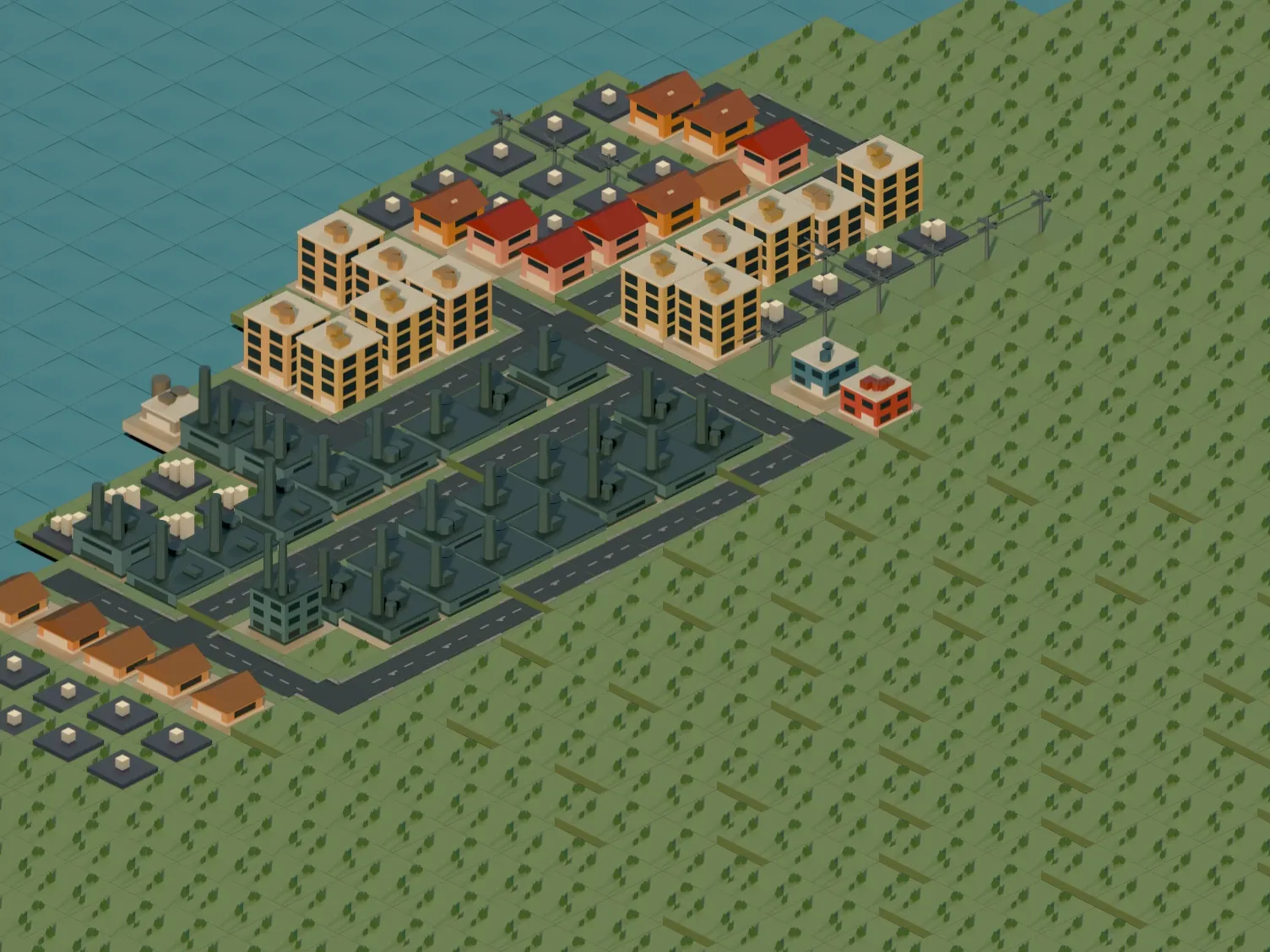 A Digicity town on the shore in 1900: apartment blocks, houses and an industrial district connected by roads and power lines.