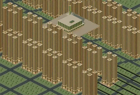 A dense Digicity district of towers grown around a university anchor.